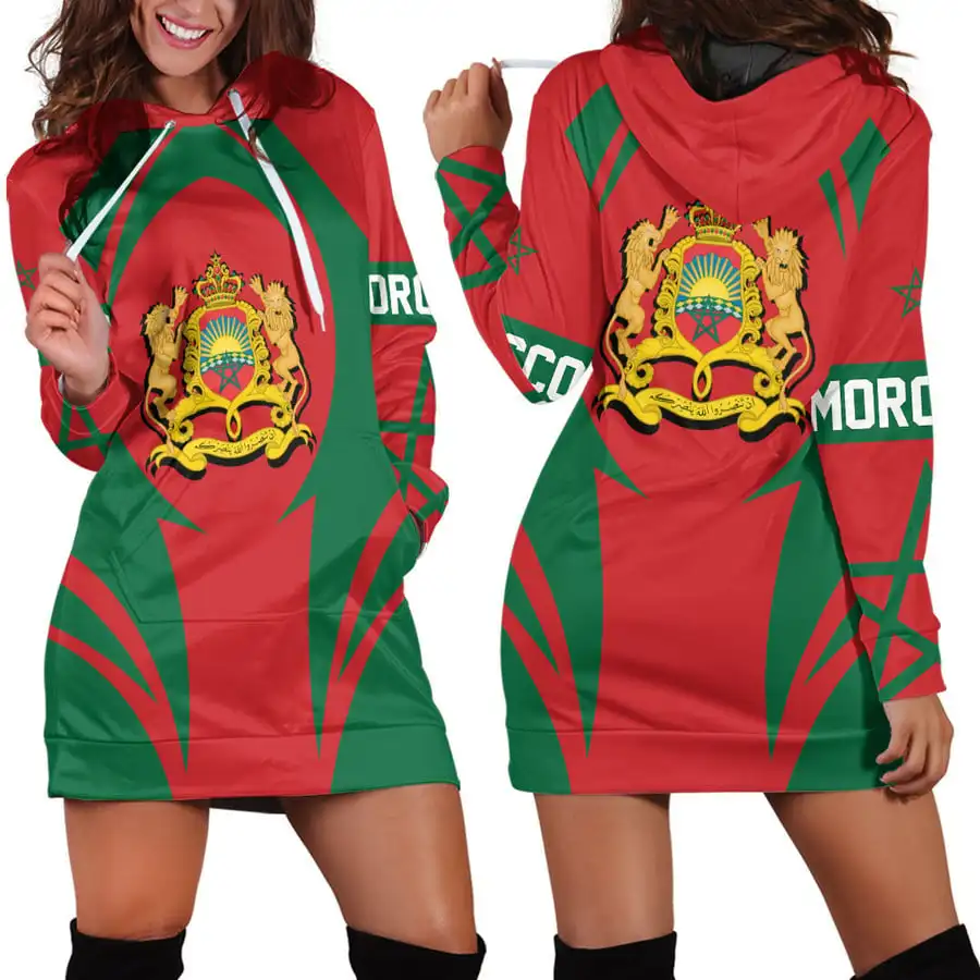 

Moroccan Flag 3D Women's Hoodie Dress Spring Summer New Retro Harajuku 3D Printed Flag Pullover Casual Sexy Women's Hoodie Dress