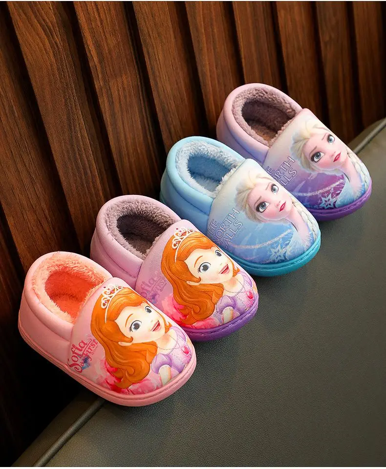 Disney Frozen Elsa Slippers - Girls Warm Cotton Flats Shoes Size 24-40