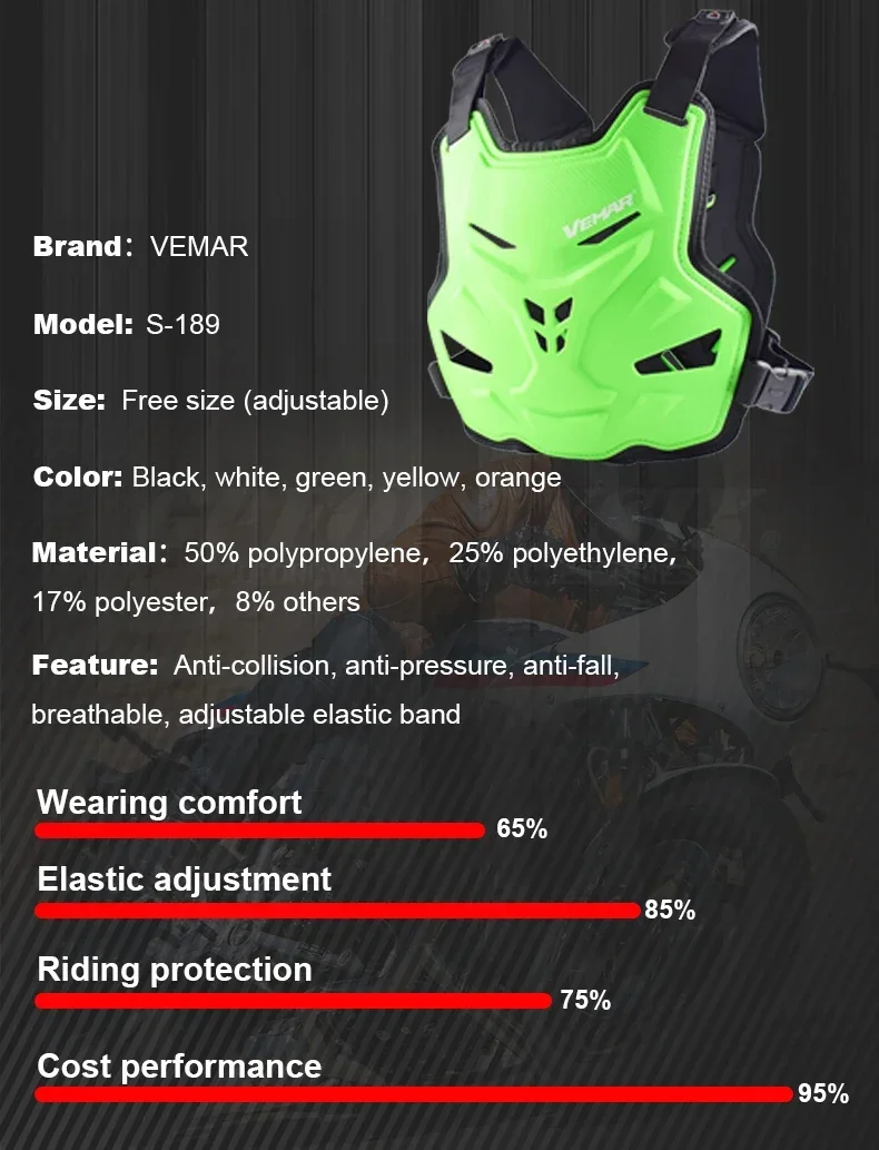 Vemar Men Motorcycle Body Armor Vest Moto Jacket Motocross Vest Off-Road Protective Gear Back Chest Protector Adjustable Buckle