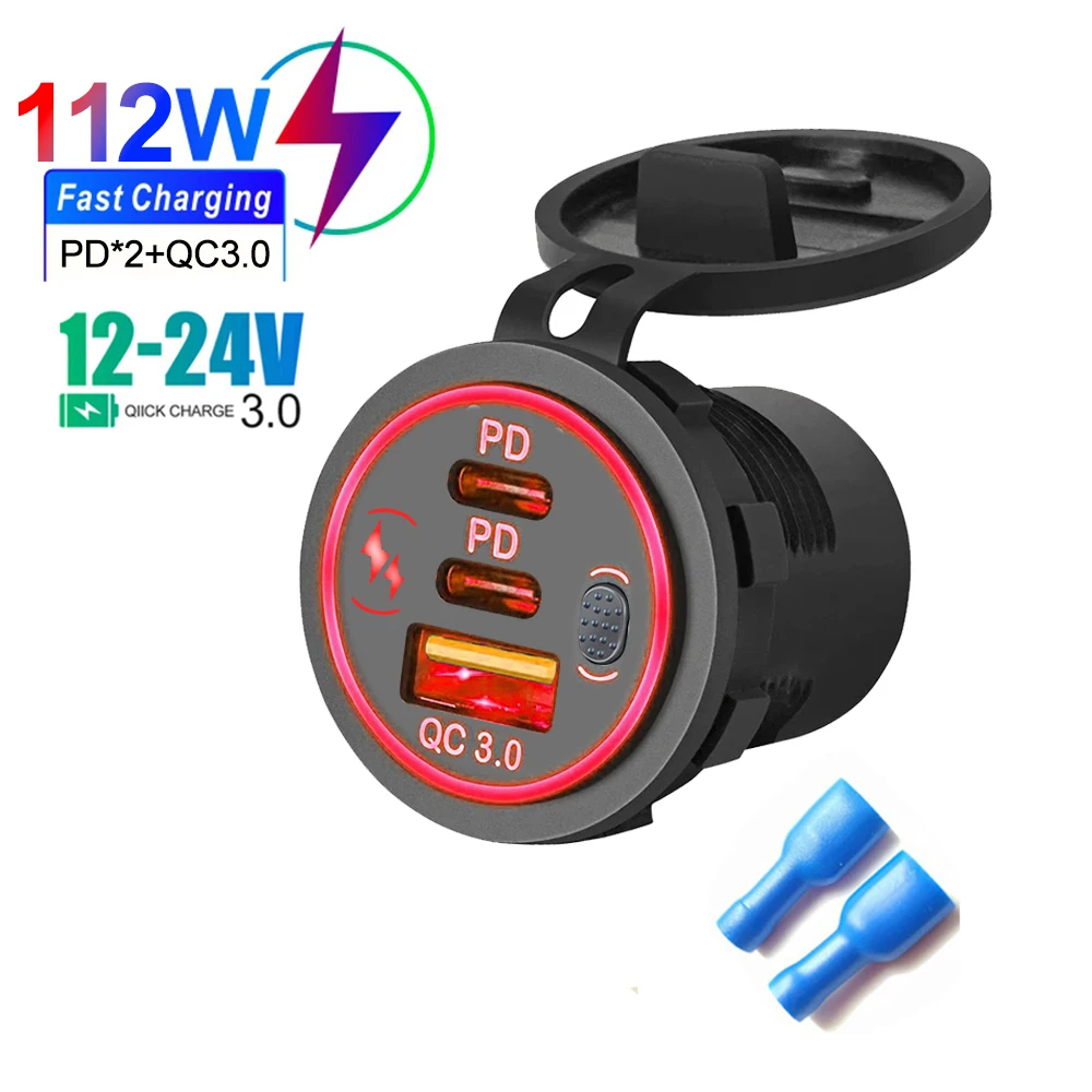 שקע מטען לרכב PD3.0 ו-QC3.0 עם שני יציאות USB C עמידות למים עם מתג מגע LED 78W טעינה מהירה 12V/24V עבור מתאם מוטו