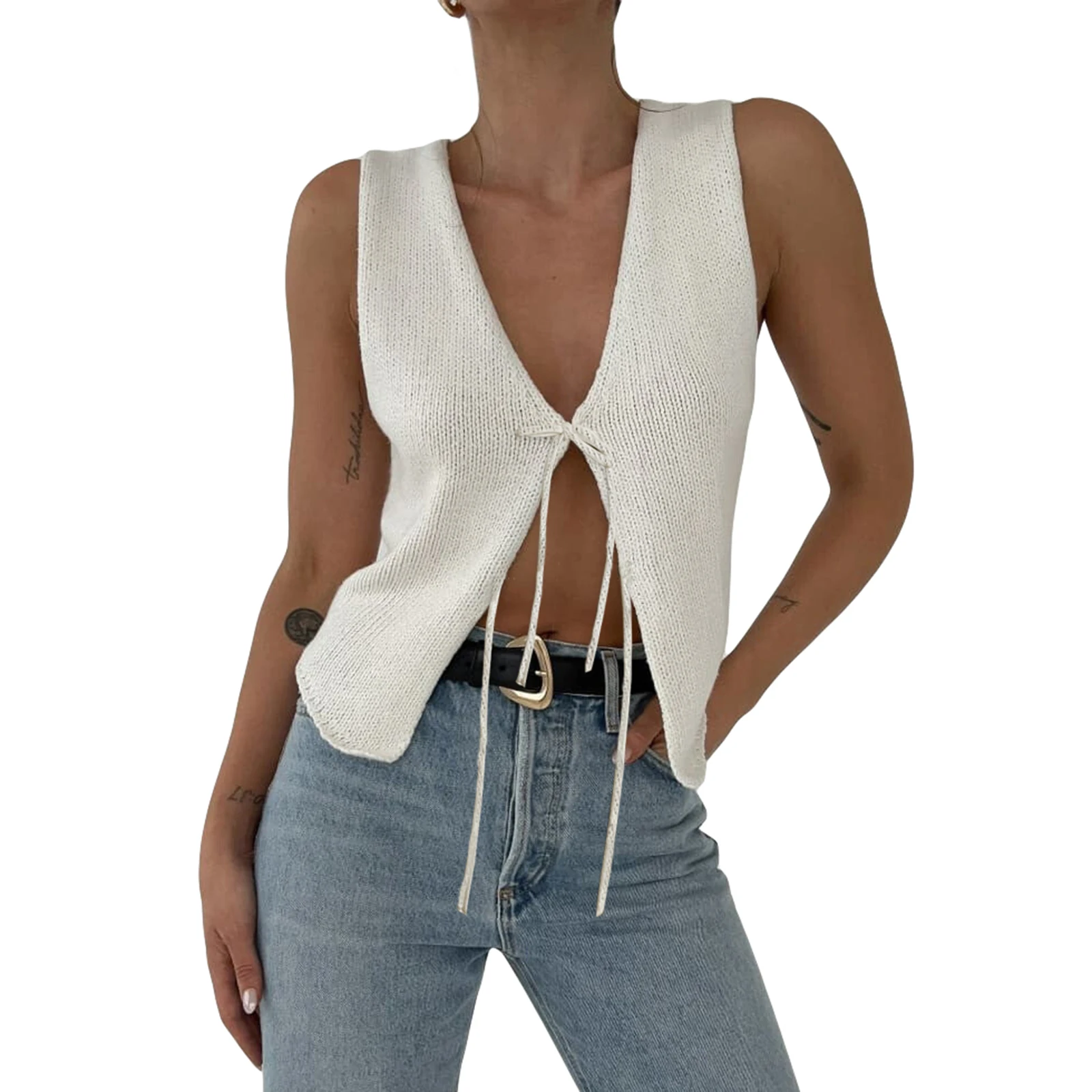 Women's Fitted Knit Vest - V-Neck Bandage Tie-Up Tank Top