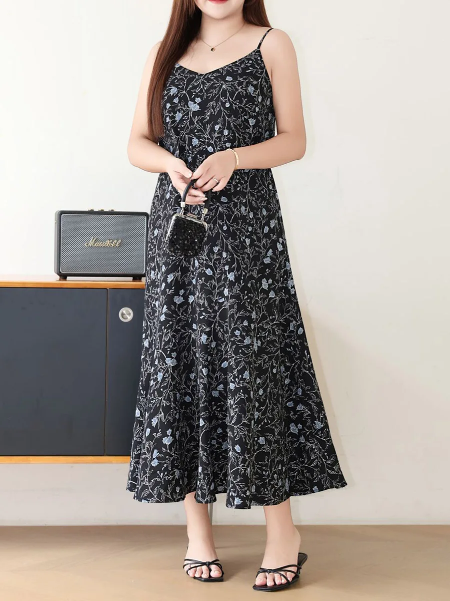 Bluebell Flower French Commuter V-neck Dress Plus Size Women Premium Simple And Elegant Chic Spaghetti Strap A-Line Dresses 8975