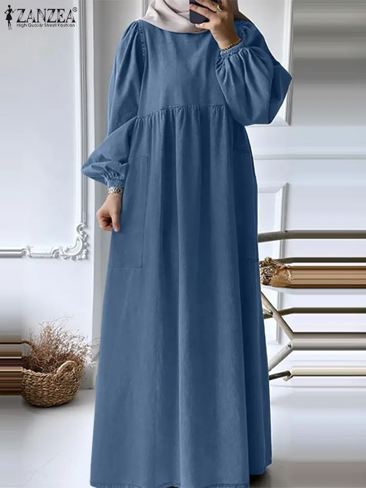 

Fashion Autumn Vintage Casual Holiday Party Sundress ZANZEA Muslim Abaya Long Sleeve Denim Blue Maxi Dress Women Hijab Vestido