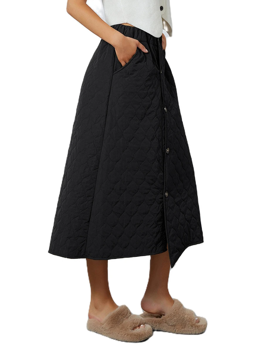 

Womens Quilted Skirt Casual Plain Button Elastic Waist A-Line Warm Winter Insulated Long Skirts with Pockets