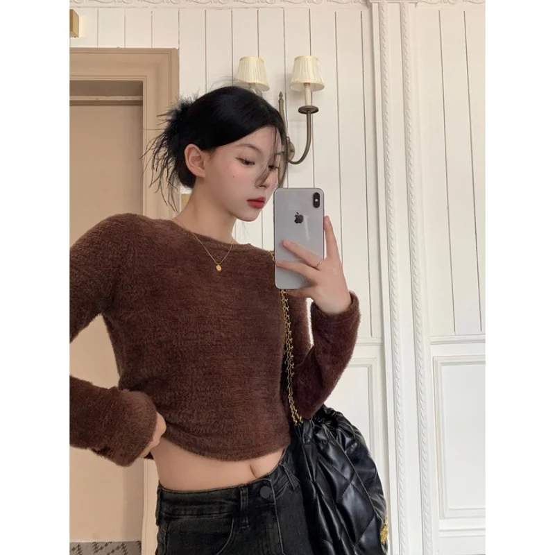 

Fall Slouchy Fluffy Backing Shirt Slim and Slim with Short Top