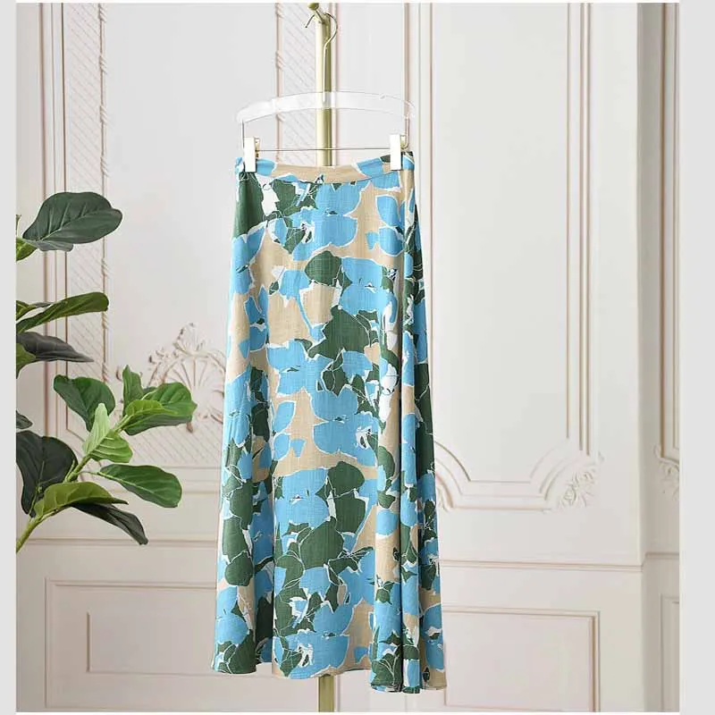 

Linen Printed Half Skirt for Women Spring/Summer Thin A-line Large hem Long Skirt Versatile