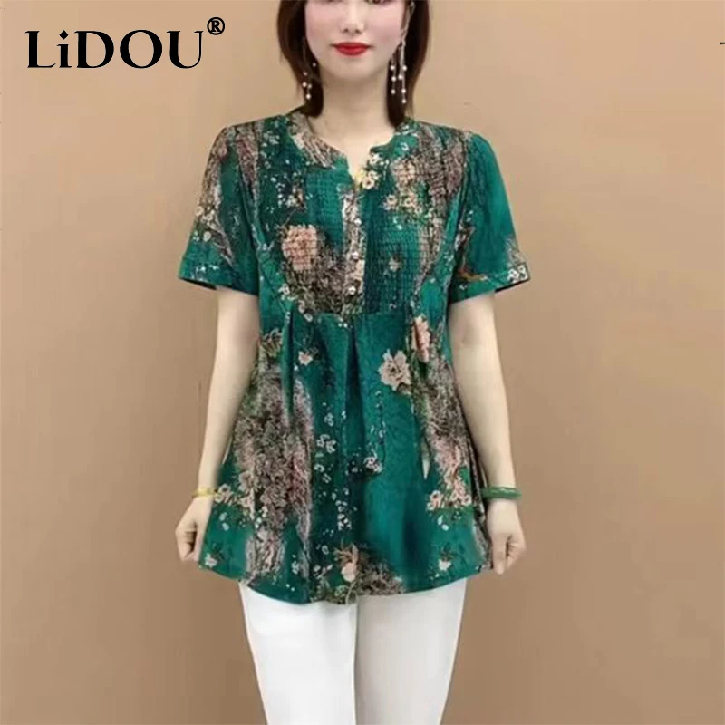 

Summer New Floral Printing Loose Casual Blouse Female Oversized V-neck Vintage All-match Pullover Top Women Elegant Folds Shirt