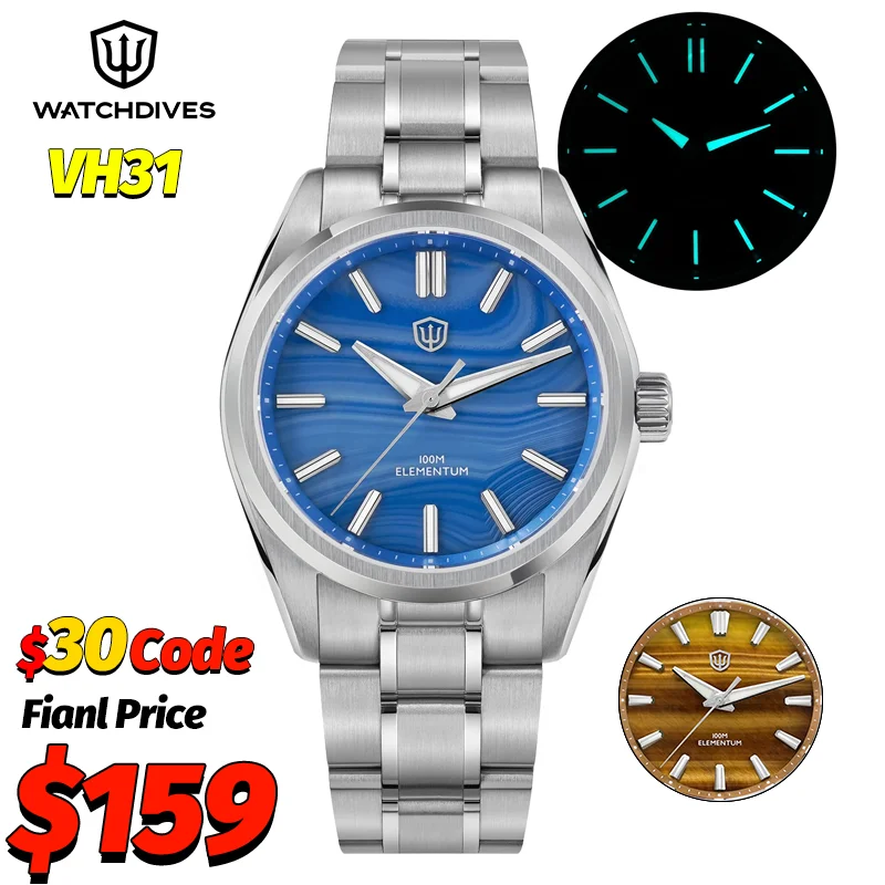 Watchdives WD0003D Herenhorloge Met Natuursteen Wijzerplaat - 36mm Saffierglas, VH31 Quartz, 100m Waterdicht
