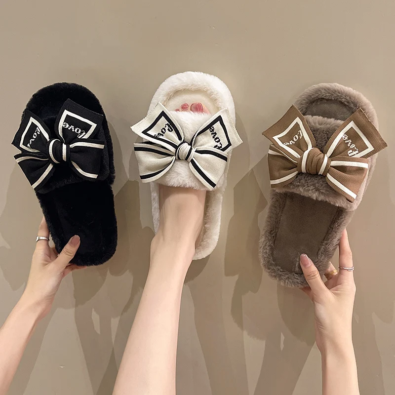 Women's Fuzzy Winter House Slippers With Bow Platform_voghion.com