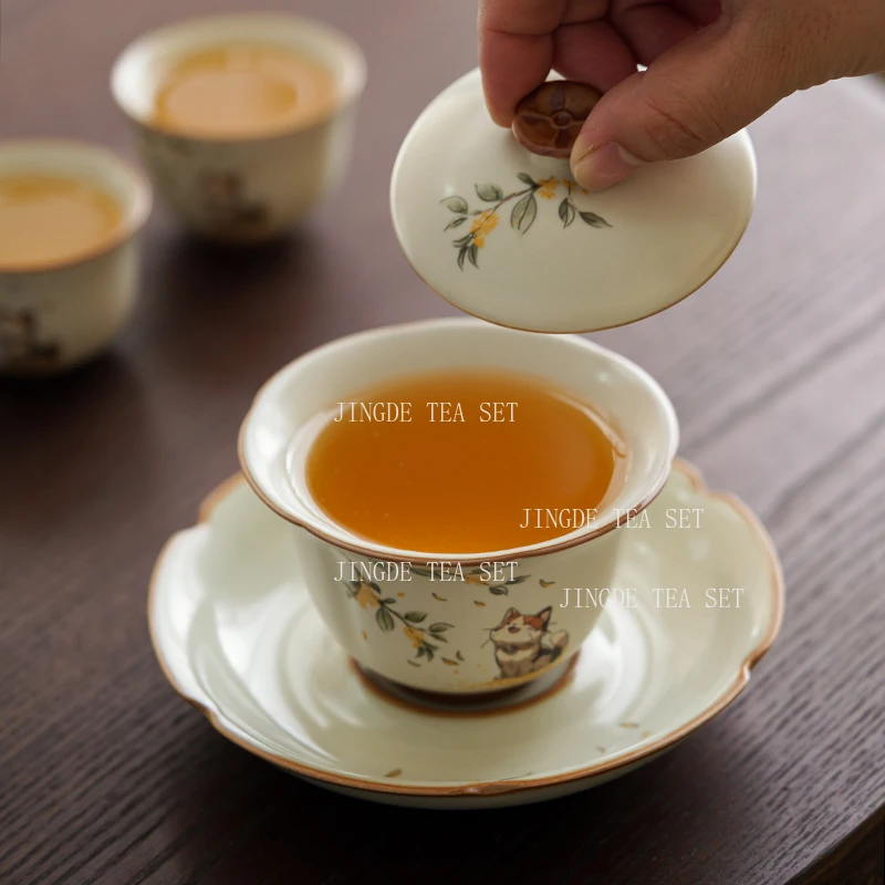 Ceramic Beige Ru Kiln Three Piece Lid Bowl Single Anti Scald with Lid Tea Making Bowl Tea Cups Gaiwan Set Gaiwan for Tea