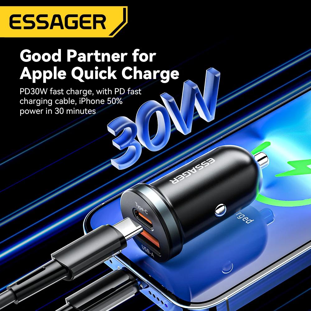 Essager 30W USB C Car Charger Type C Quick Charger PD QC 3.0 SCP 5A Fast Charging Car Phone Charge iPhone Xiaomi Samsung