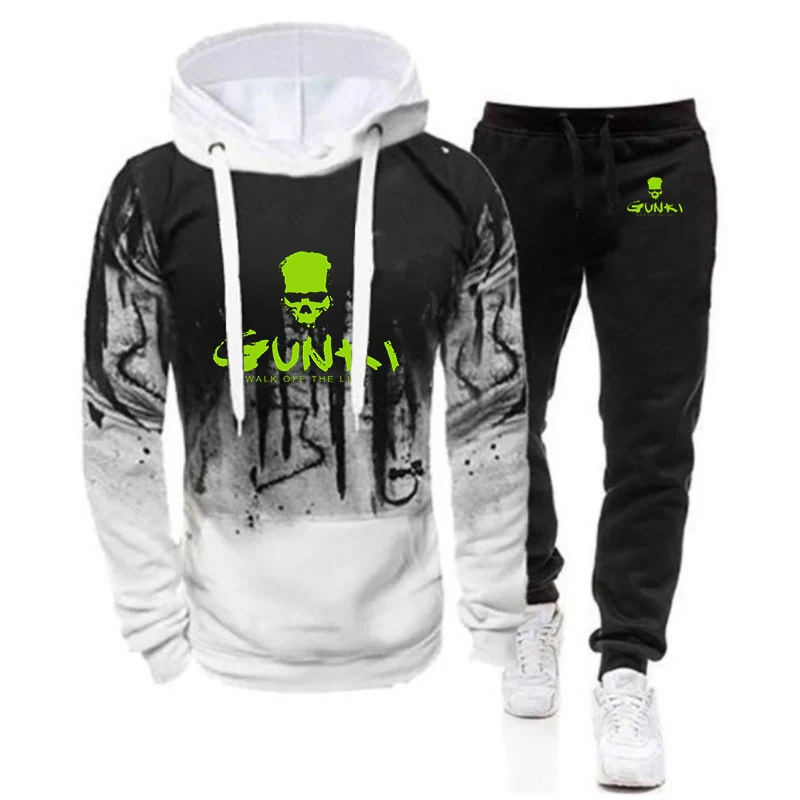 2024 Spring Autumn Gunki Logo Print Fashion Gradient Color Sports Set Men's Comfortable Hoodies Tracksuit+Casual Sweatpants Suit 5