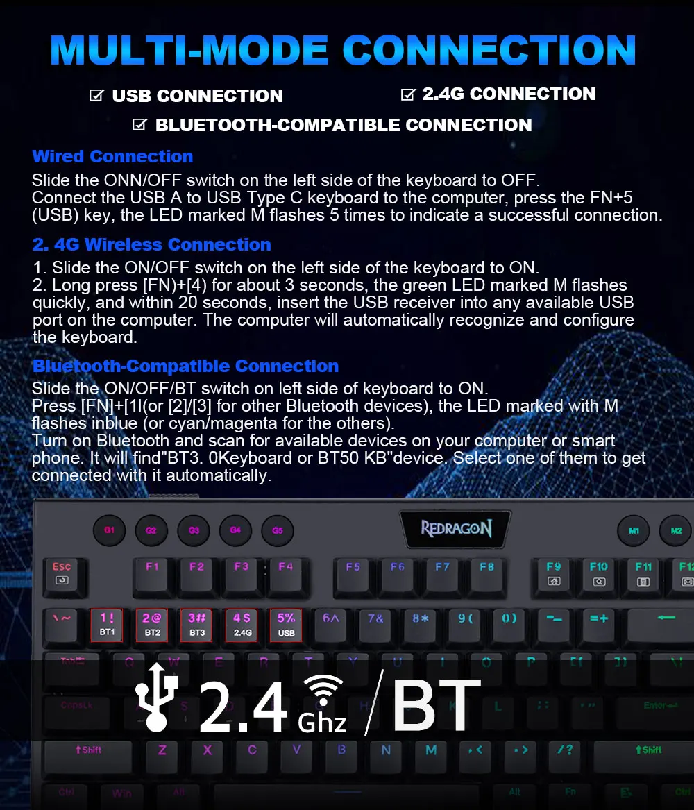 정축 적축 게이밍 무소음 커스텀 키보드 Redragon Horus K618 RGB Surpport Bluetooth 5.0 무선 USB  2.4G 3-모바일 11번가