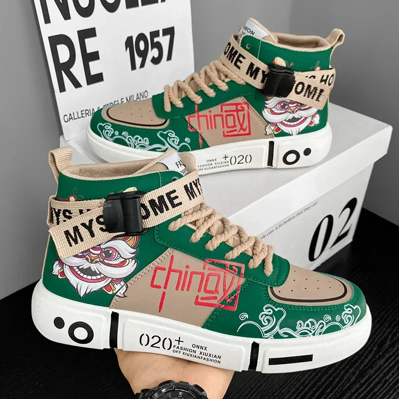 

Chinese Style High-top Men's Skateboard Shoes Comfort Leather Trainers Women’s Sneakers Non-slip Skateboarding Sports Shoes Men