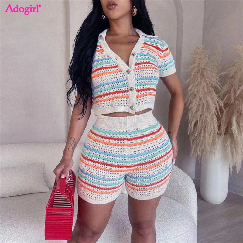 

Adogirl Striped Color Patchwork Knitted Two Piece Set Women Summer Hollow Out Short Sleeve Single Breasted Crop Top Shorts Suit