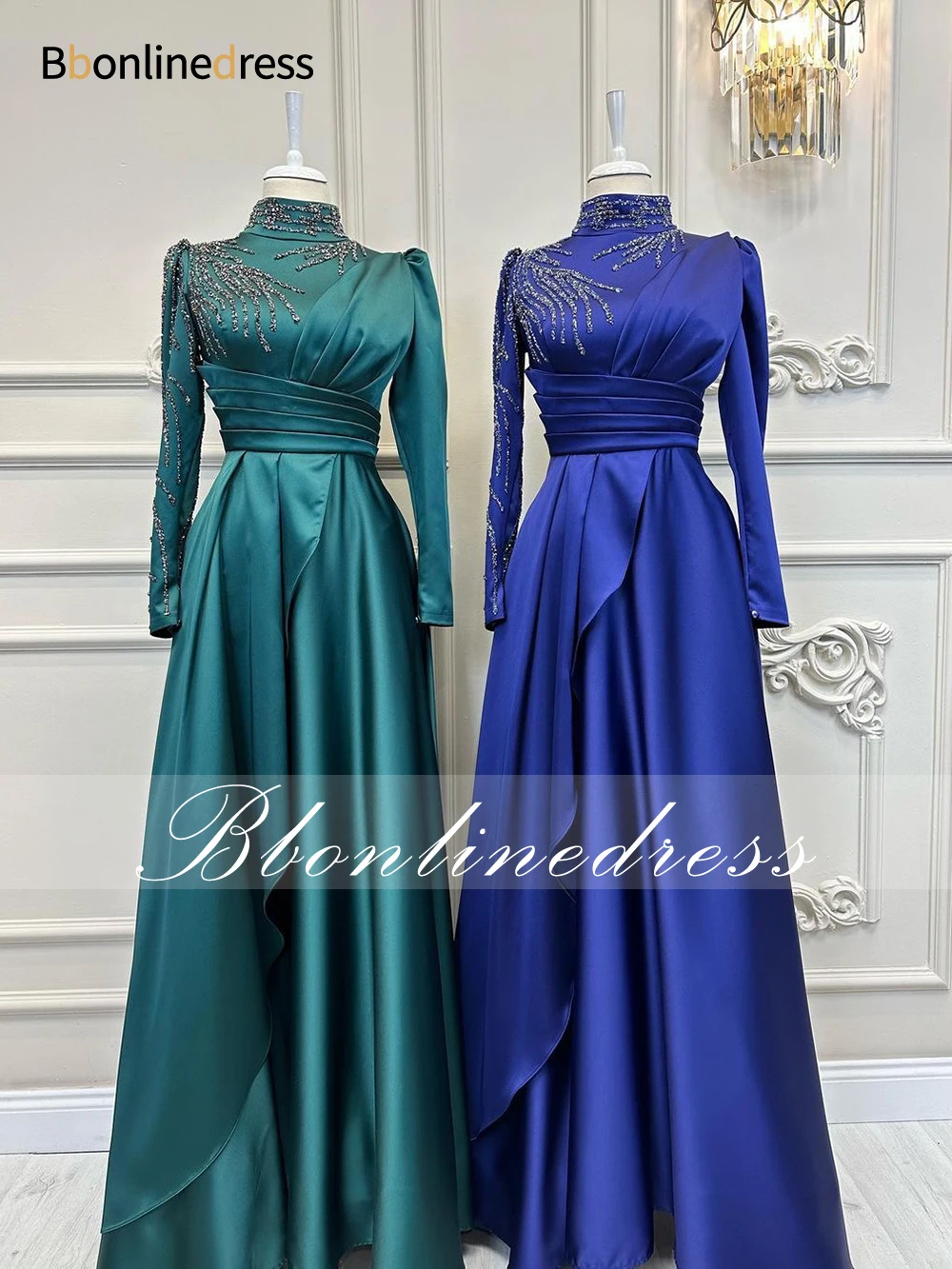 

Bbonlinedress Pleat Muslim Evening Dresses For Women 2023 High Collar Long Prom Dress Sequined A Line Ruffles Party Gown