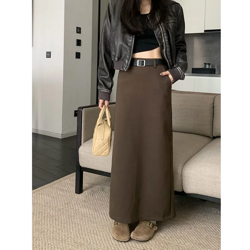 High Quality Woolen Maxi Skirts Female Elegant Chic High Waist Loose A-Line Skirts Women Vintage Streetwear Split Long Skirt 6