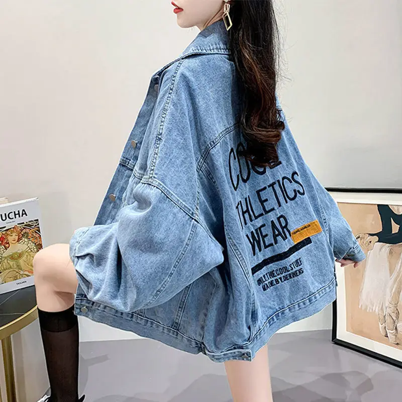 Women 2023 New Vintage Denim Jacket High-Quality Print Cropped Jean Coat Oversized Casual Long Sleeve Turn-Down Collar Outwear