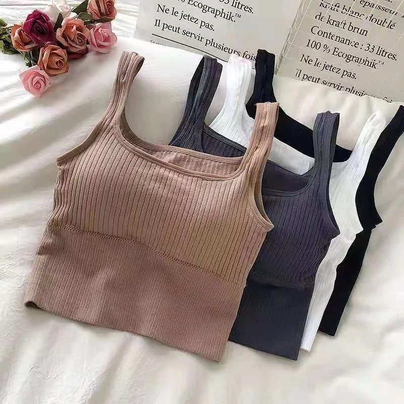 Chaleco Para Mujer Con Brasier Integrado, Sin Costuras, Color Sólido, Ajustado, Acolchado, Tirantes Delgados, Sostén De
