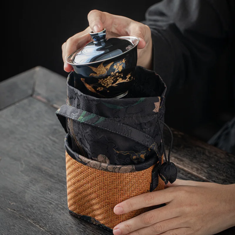 Rattan Pattern Small Bag,Travel, Outdoor Cover Bowl, Portable Organizer, Owner's Cup Teapot Bag, Spliced Drawstring Pocket 4