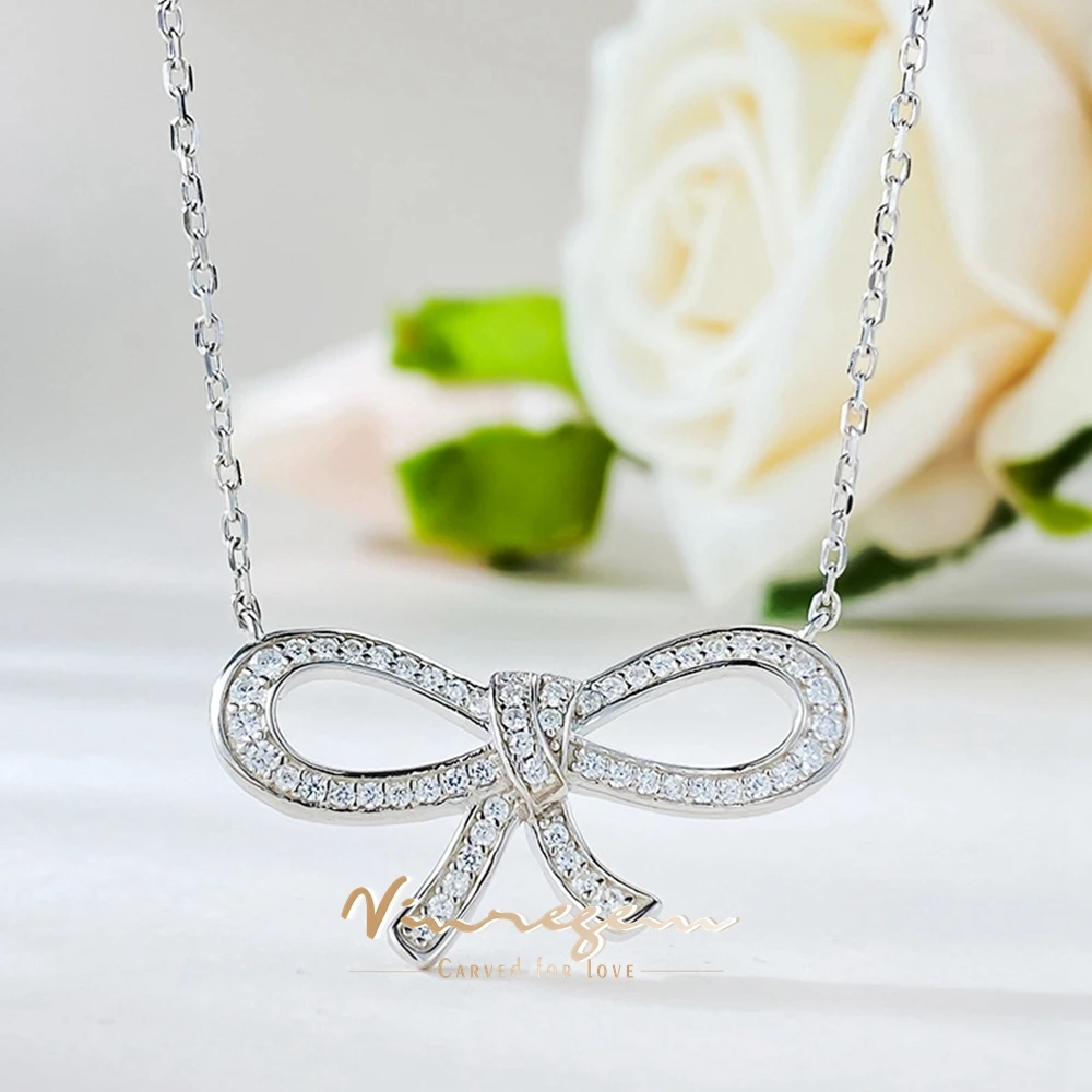 

Vinregem Bowknot Lab Created Sapphire Gemstones Pendant Necklaces for Women Simple 100% 925 Sterling Silver Jewelry Wholesale