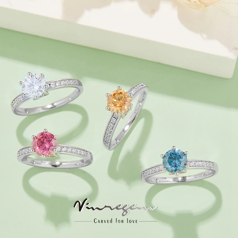 

Vinregem 925 Sterling Silver 18K White Gold 1CT Colorful Moissanite Pass Test Diamond Wedding Ring for Women Gifts Drop Shipping