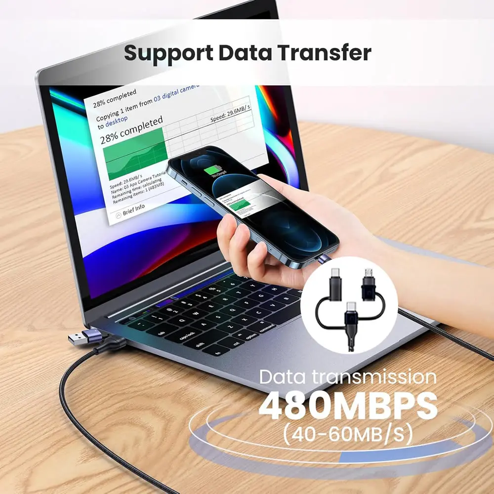 PD 60W 멀티 USB C 데이터 케이블 5 in 1 PD 고속 충전 케이블 (아이폰 16 15 14 Max, 맥북, 삼성 타입 C/ 마이크로 USB 기기용)