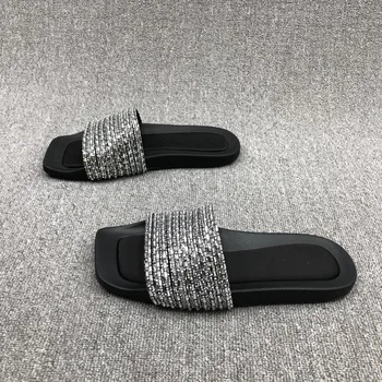 2023 Summer Fashion New Sexy Casual Outerwear Solid Color Crystal Flat Slippers Comfortable Sandals Zapatos Mujer 1