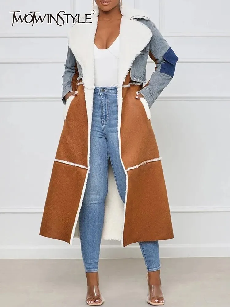 TWOTWINSTYLE Colorblock Chic Coats For Women Lapel Long Sleeve High Waist Spliced Pockets Vintage Casual Outwears Female Fashion bpn y2k slimming jeans for women high waist colorblock patchwork pockets streetwear denim flare pants female fashion clothes new