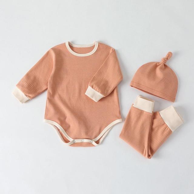 Romper Set Spring Stripe Pattern Long Sleeve Triangle Jumpsuit Trousers Hat Three-piece Suit Autumn Winter Kid Clothes Girl