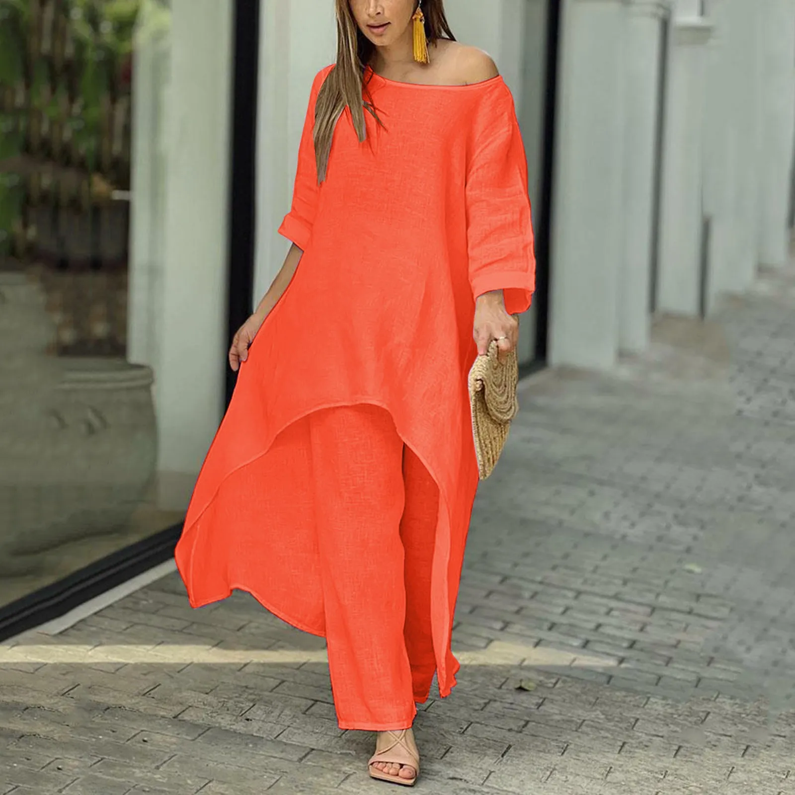 

Women‘s Outfit Irregular Hem Blouse Trousers Solid Long-Sleeved Top Pants Casual Oversize Loose Wide Leg Pants 2 Piece Set 2024