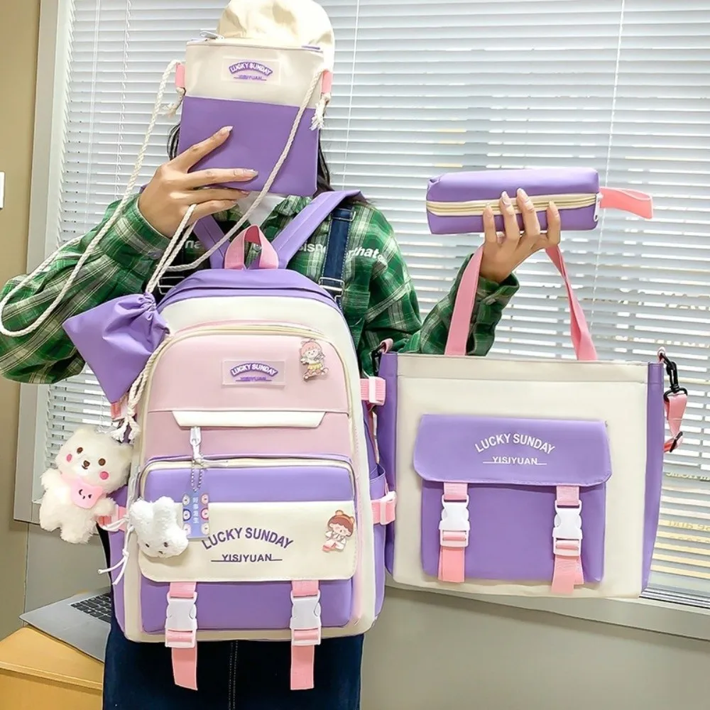 5 Pcs New Large Capacity Backpack Set Breathable Multifunctional Student Schoolbag Buckle Pencil Bag College 5