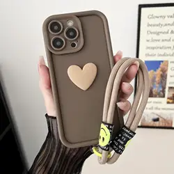 3D Love Heart Phone Case with Smile Hand Strap Back Cover for Vivo Y21D 4G (Coffe)