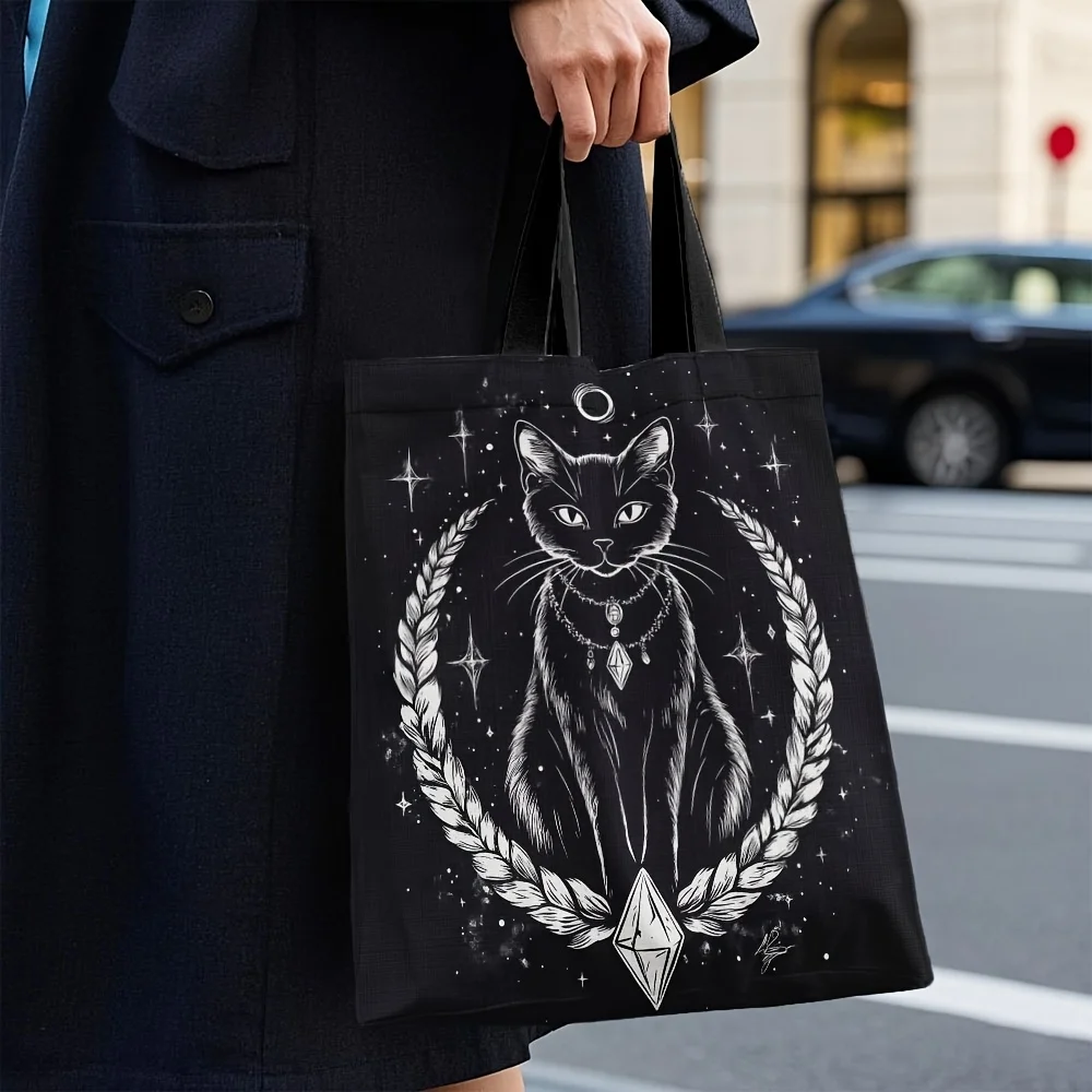 Sac à main cabas élégant chat noir et lune croissant nuit étoilée_voghion.com