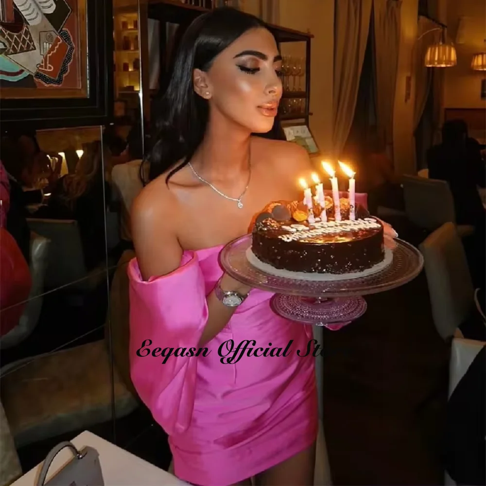Women Cocktail Dress Hot Pink Short Off Shoulder Satin Birthday Bodycon Night Dresses Mini Formal Event Evening Gowns Customized