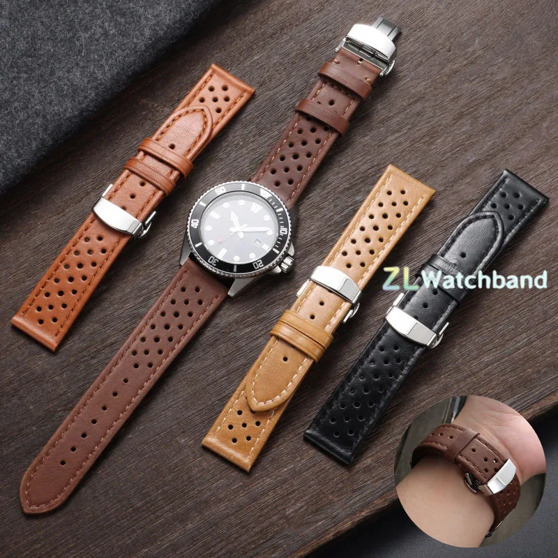 Premium Genuine Cowhide Leather Watch Band with Butterfly Buckle - Universal Breathable Bracelet