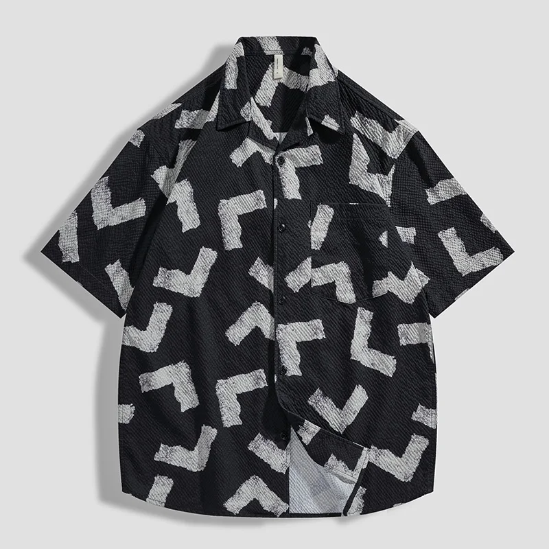 Men's Right Angle Short-sleeved Shirts Summer Lightweight Half Sleeves Daily Shirts Fashion Full Printed Shirts for Men