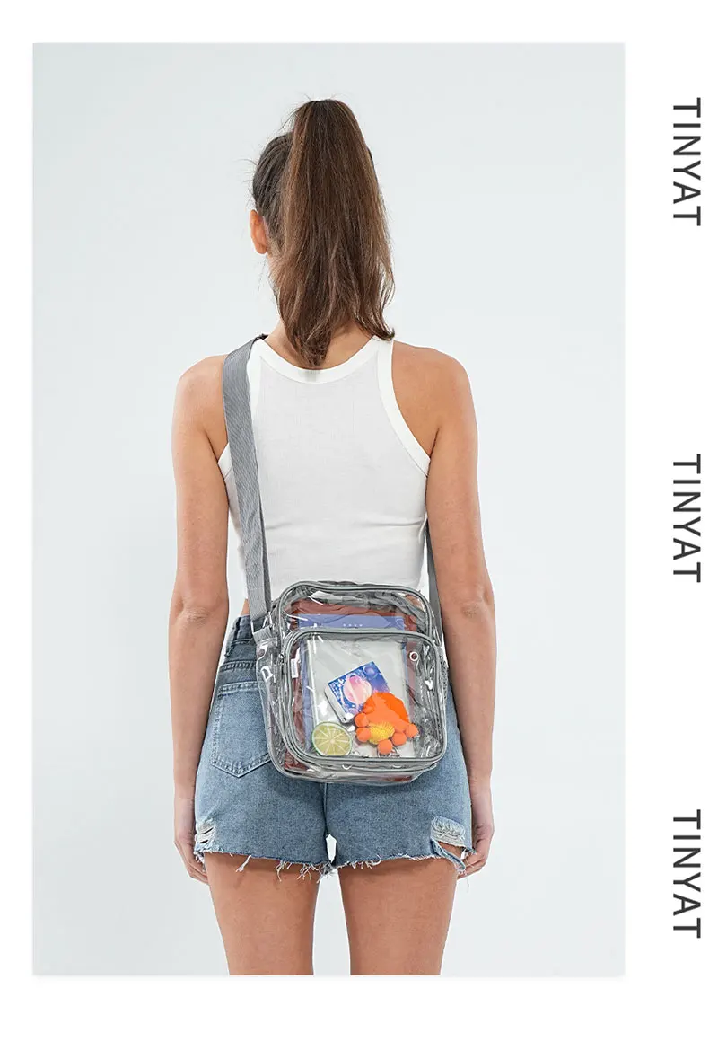 TINYAT Leichte, wasserdichte, transparente PVC-Tasche für Damen mit Netzgurt, Kopfhöreranschluss und Regenschirm, für Handys mit 9,7 Zoll iPad