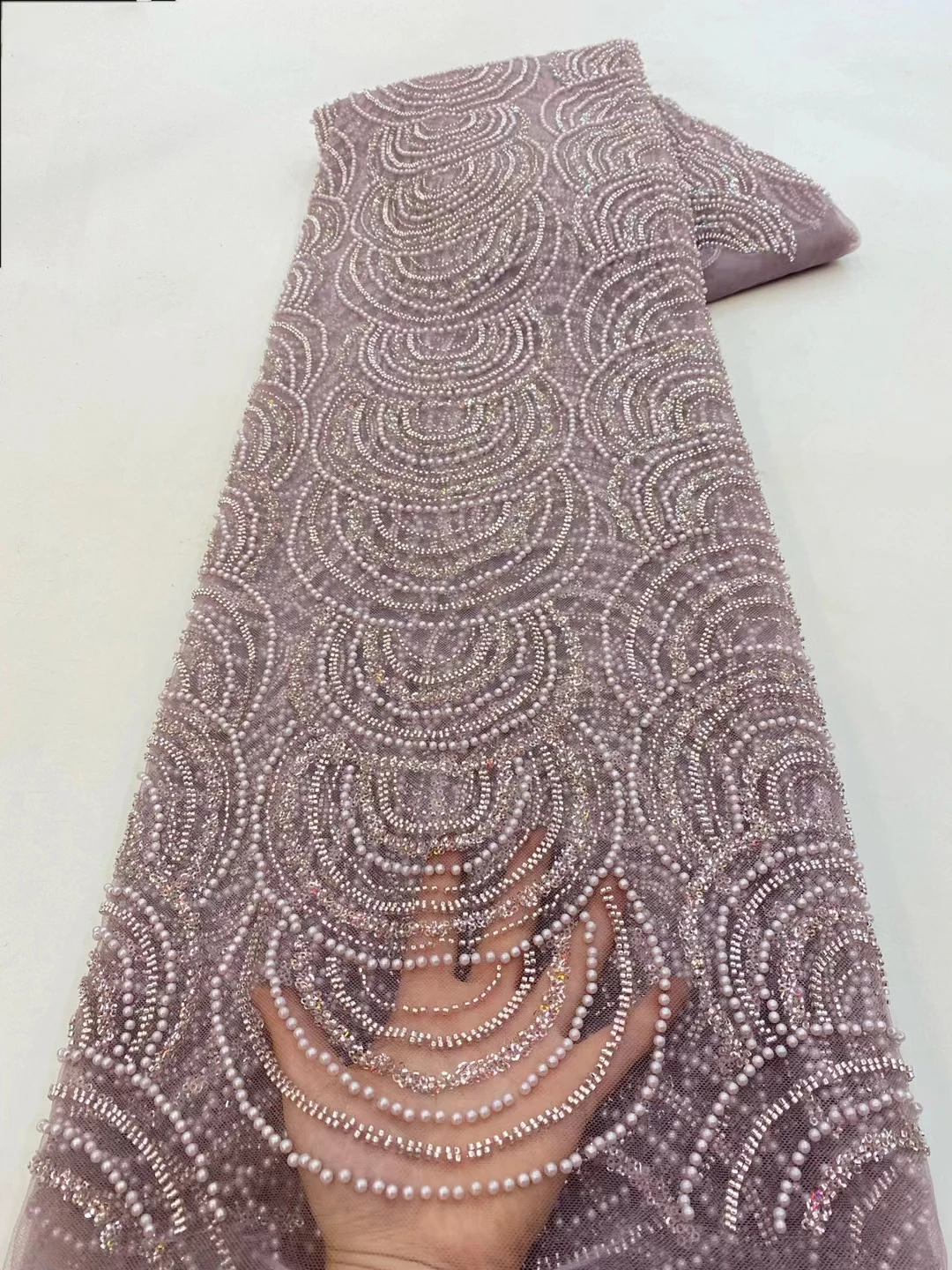

2023 High-end Handmade Beaded Lace Fabric France Sequins Embroidery 3d Pearl Nigerian Bridal Mesh Lace Fabric For Sewing Xz