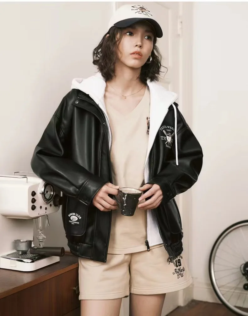 

Hooded PU Leather Jackets Zippers Full Sleeves Oversize Fashion Trend Lady Bear Coat Clothing Black Color Y2k