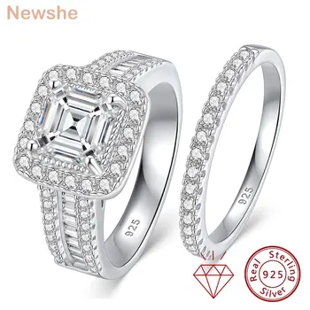 Ensemble de bagues pour femme Newshe en moissanite certifiée GRA, taille émeraude Asscher 6,5 mm, 2 pièces, argent 925, bagues de mariage