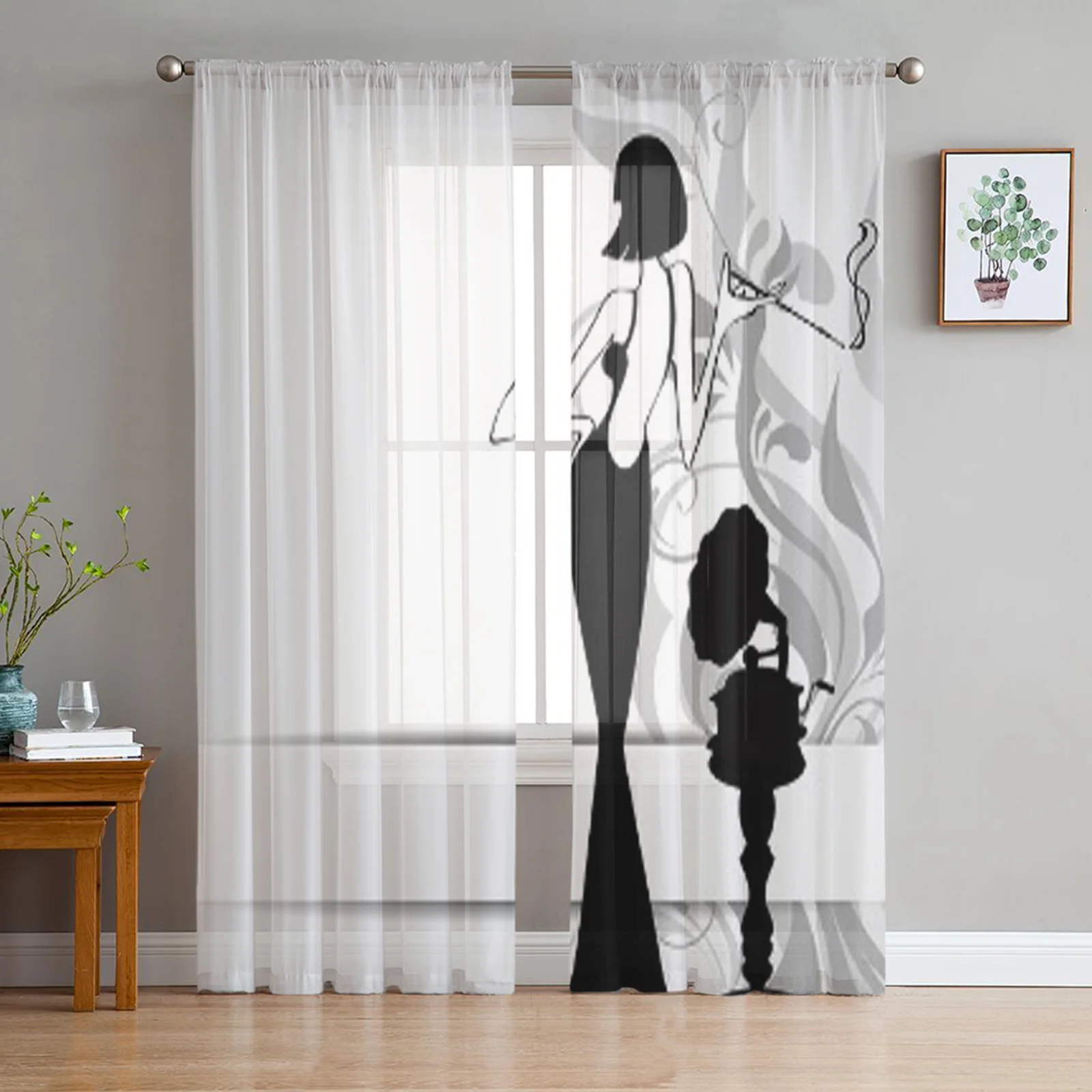 Retro Girl with Old Gramophone Tulle Curtains for Living Room Bedroom Window Sheer Curtains Kitchen Balcony Voile Curtains