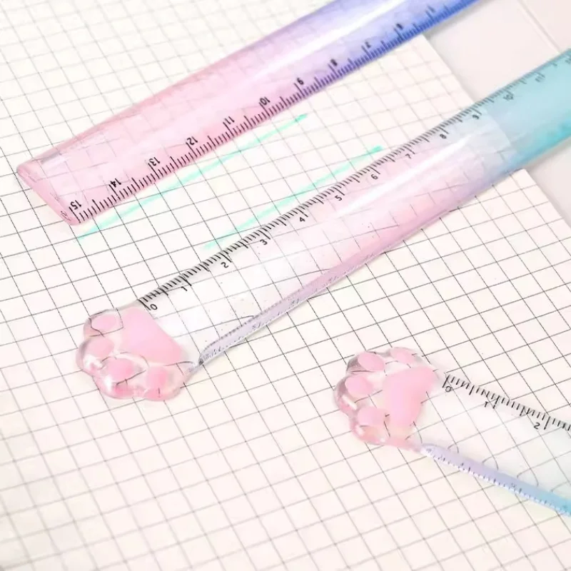 1pc 그라디언트 컬러 플라스틱 고양이 발자국 자 측정 문구 창의적인 그림 자 휴대용 학생 문구 자
