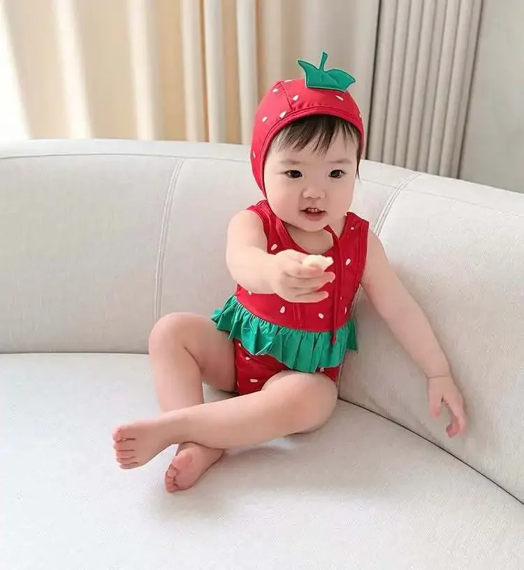 Korean Baby Swimwear 3PCS Cute Strawberry Bikini Set Ruffled