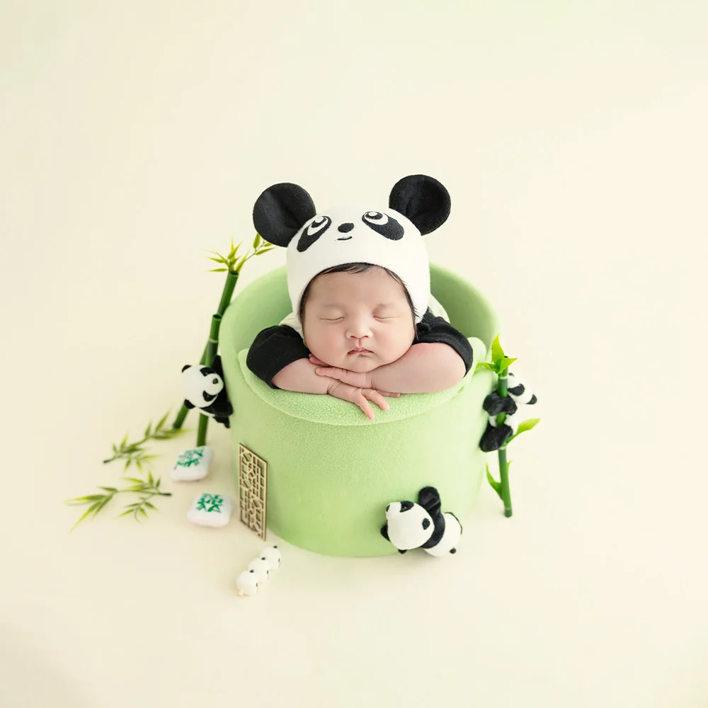 Newborn Bear Outfit for Photography Lovely Panda Theme Baby Clothes Hat With Ears Doll Bamboo Full Month Infant Photoshoot Props