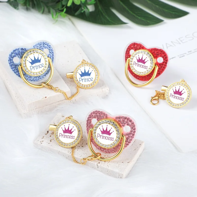 S515690ccf58f4c66a7eba7f5a335475bX Luxury Crown Pacifier Clip Chain Set Baby Shower Gift Silicone Newborn Dummy Bpa Free Toddler Teether Zircon Baby Soother Nipple