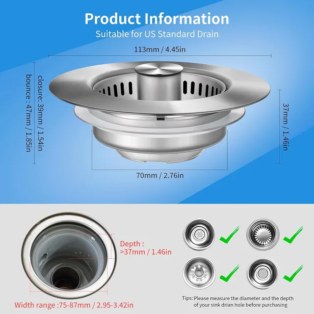 Kitchen Sink Drain Strainer Stainless Steel Pop Up Sink Stopper Anti-Clogging Sink Food Catcher Basket Odor Filter Sink Plug 5