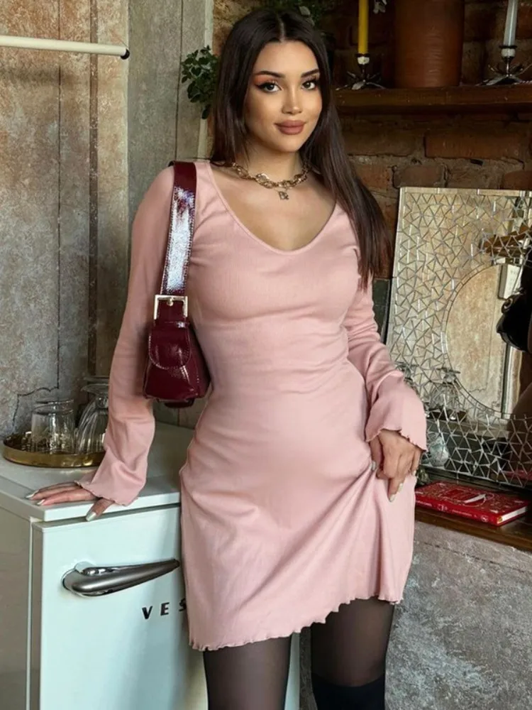 Minivestidos lisos de canalé con cuello redondo y manga larga, ropa de calle Y2K, venta al por mayor, elegante atuendo informal de verano para mujer
