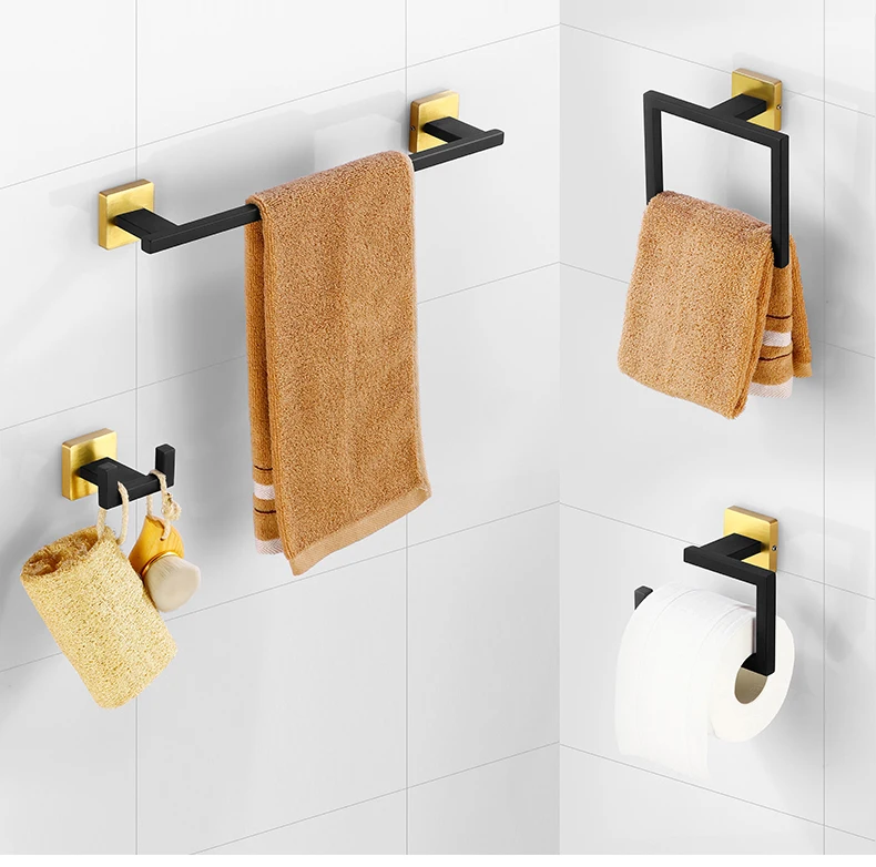 Description Picture 2 of itemMatte Black Gold Bathroom Accessories Set Wall Towel Holder Roll Paper Holder Towel Ring Robe Hook Stainless Steel Hardware Set