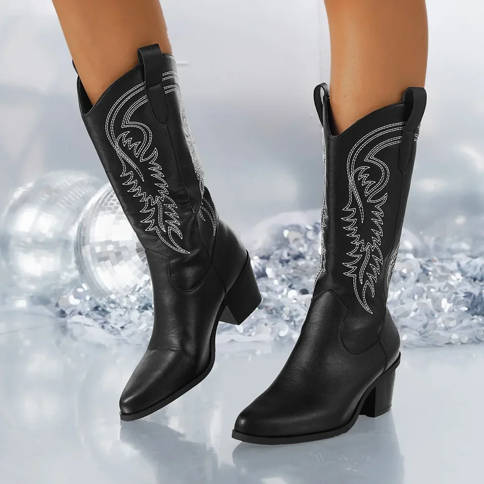 Embroidered Western Cowgirl Knee High Boots MISSMILLER Women's Embroidered Western Cowgirl Boots - Wide Calf Knee High Pointed Toe Cowboy Boots Notch Lapel Boy's Blazer